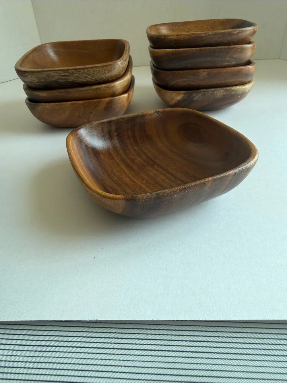 Vintage MCM Monkey Pod Style Wood Salad Bowl Set 9 Pc